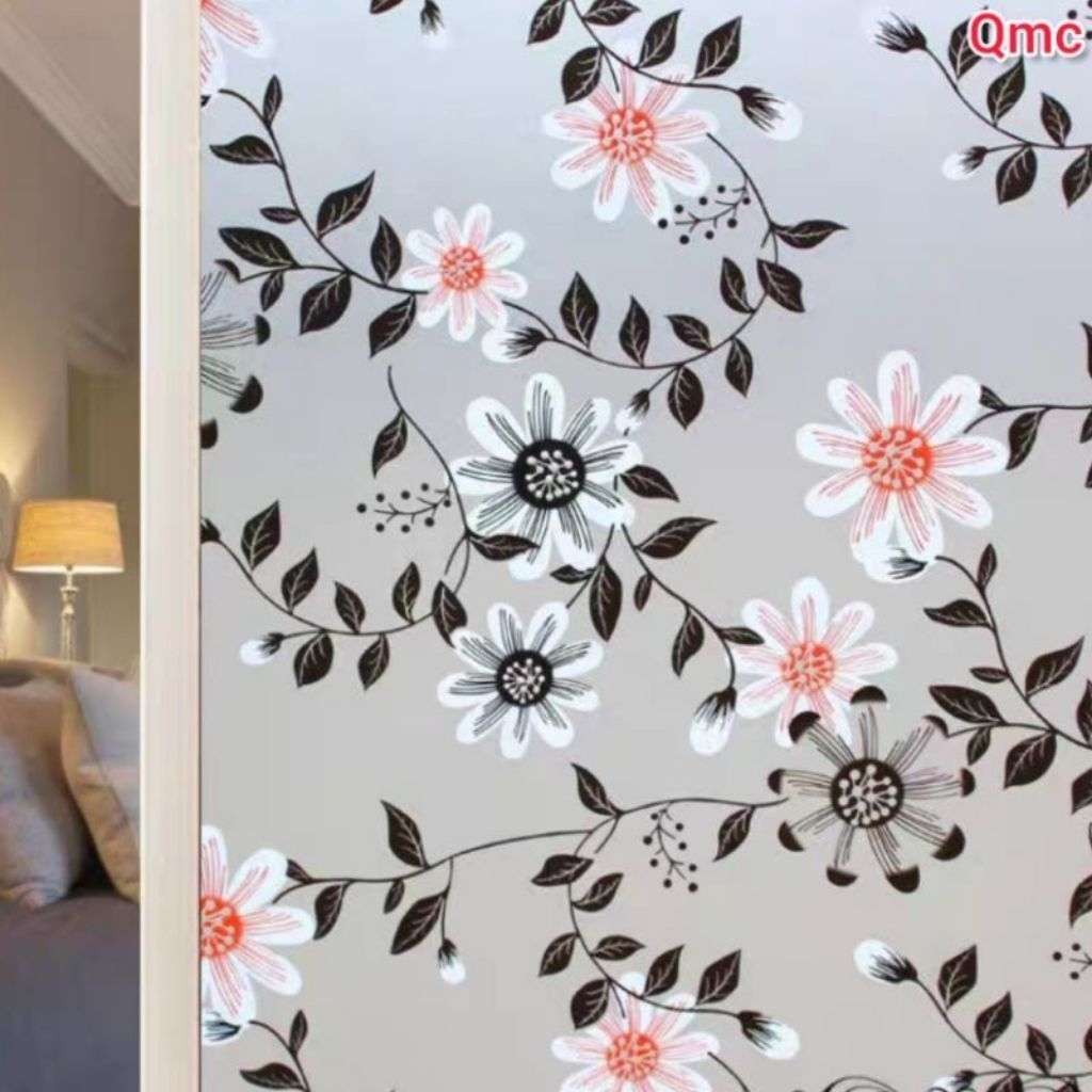 stiker kaca sandblast bunga putih besar daun Hitam