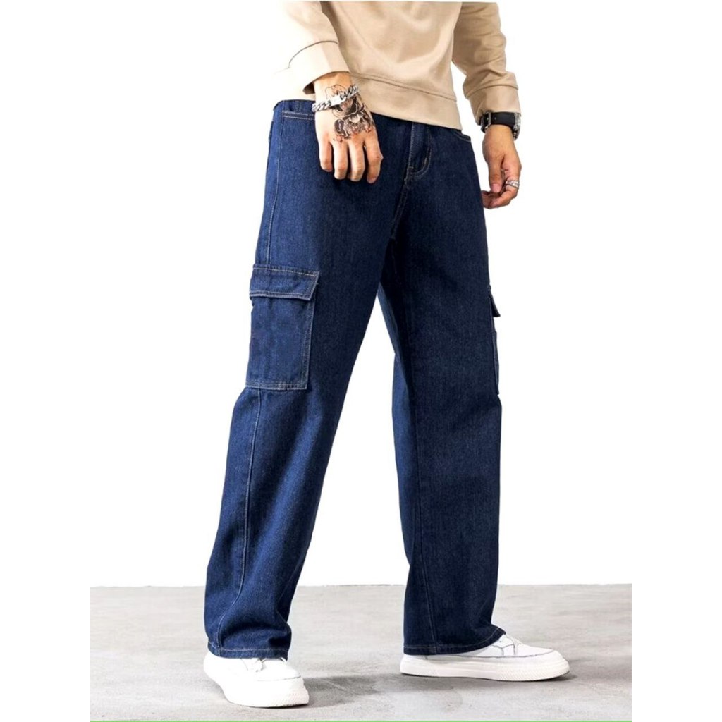 Long Cargo pants jeans Celana cargo jeans loose fit Reguler Standard Black SandwashSelfless - Celana