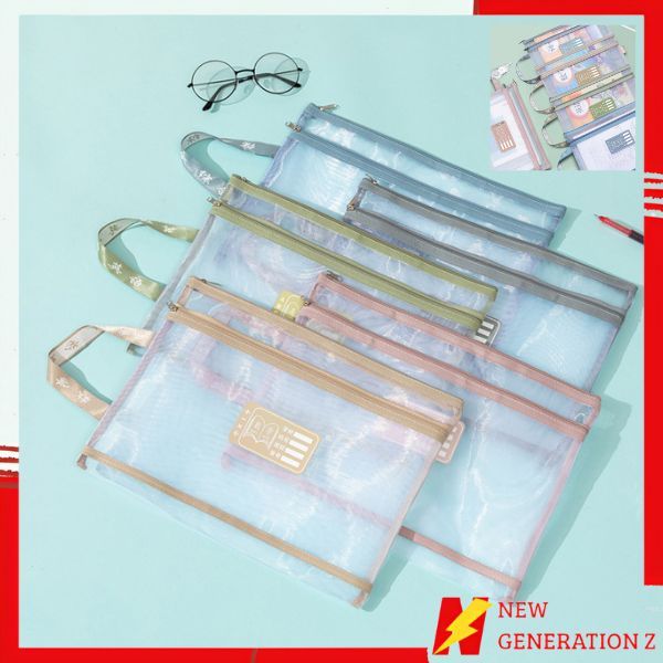 

NGZ Tas Buku dan Alat Tulis Map A4 Dua Slot File Folder Tas Mesh Dokumen Transparant A4 Zipper 2 in 1 Multifungsi Totebag Buku Transparan Jaring