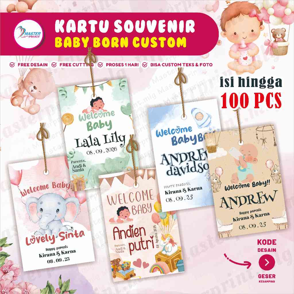 [mp94] 100pcs Kartu Souvenir Baby Born Custom Kartu Kelahiran Bayi Thanks Card welcome baby