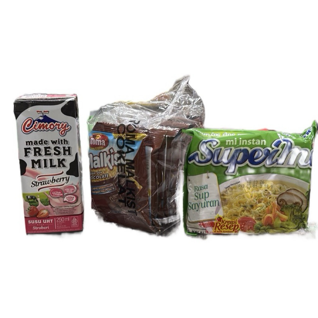 

(C3) Combo Hemat Cimory UHT Strawberry 250ml , Roma Malkist Cokelat Renceng, Supermi sup sayuran
