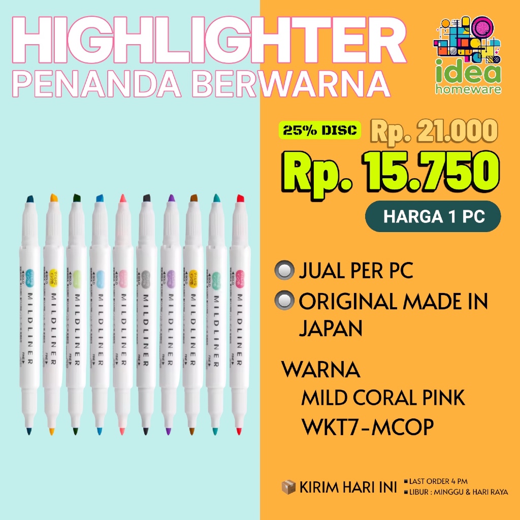 

HIGHLIGHTER ZEBRA MILDLINER WKT7 WARNA PASTEL ORIGINAL JAPAN HARGA 1 PC