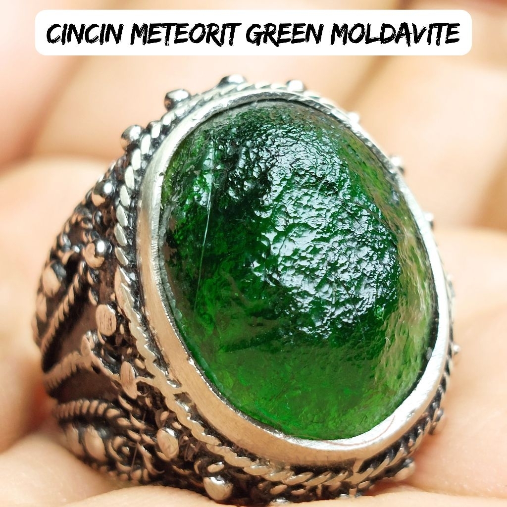 Cincin Batu Meteor Hijau Moldavite / Satam Iron Meteorit Green Textite Ring Alpaka Super Mewah Elega