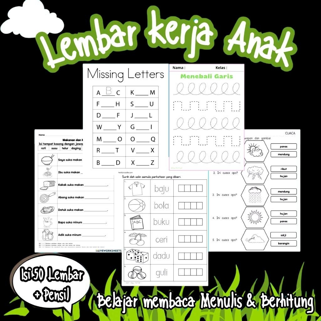 

50 lembar worksheet/Lembar kerja anak/anak TK/Anak SD bonus pensil 2b