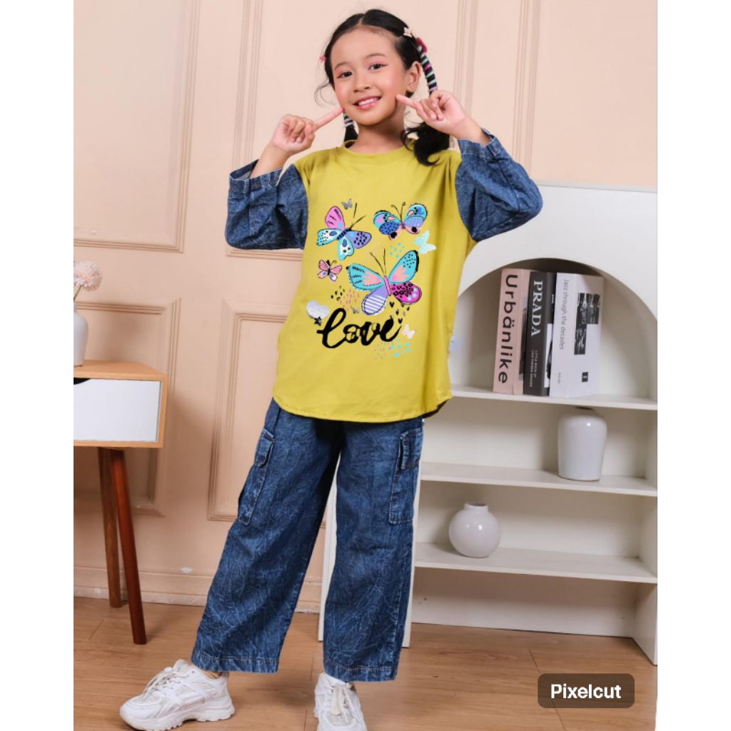 baju anak perempuan Setelan Levis Cargo baju Motif Kupu-kupu  Usia 3 Tahun-14 Tahun