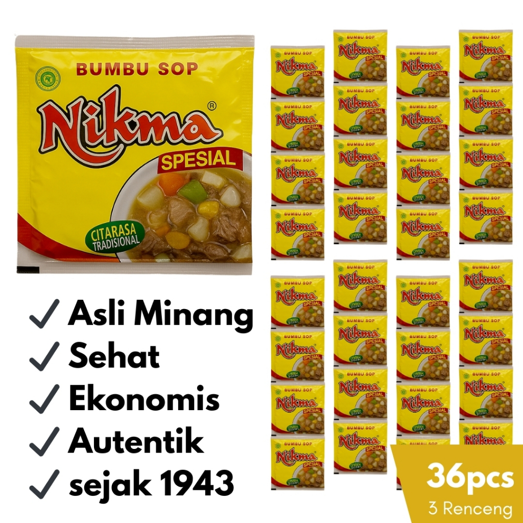 

Paket Hemat Bumbu Sop NIKMA 36 Sachet Halal Asli Padang Minang Otentik