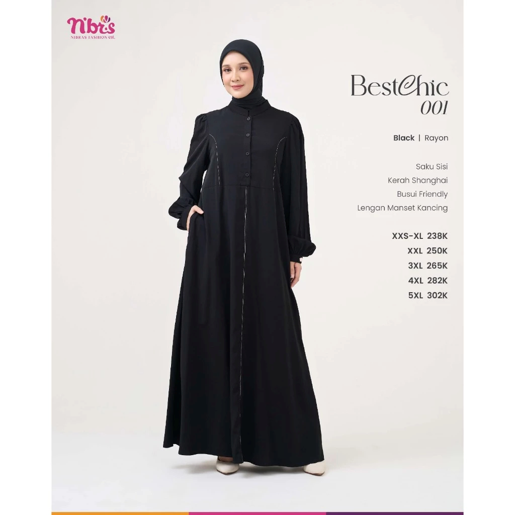 BESTCHIC 001 Terbaru nibras 2025 Bahan Rayon Premium, gamis hitam, GAMIS HITAM POLOS, gamis hitam um