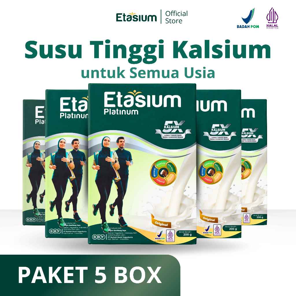 

Paket 5 Box Etasium Platinum Susu Kambing Etawa 200gr All Varian Rasa– Sehatkan Tulang & Persendian
