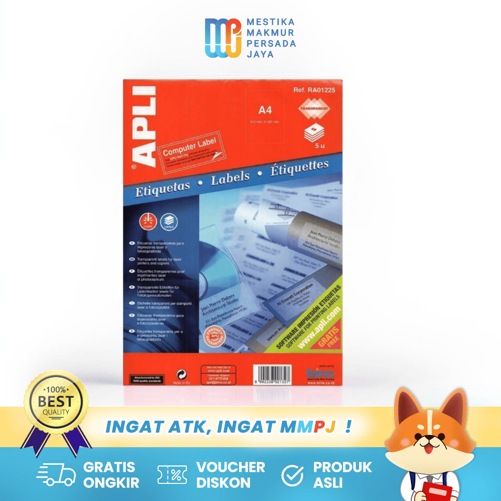 

APLI Label Polyester Transparan A4 210x297mm 5 Lembar – Tahan Lama Laser & Fotokopi RA01225