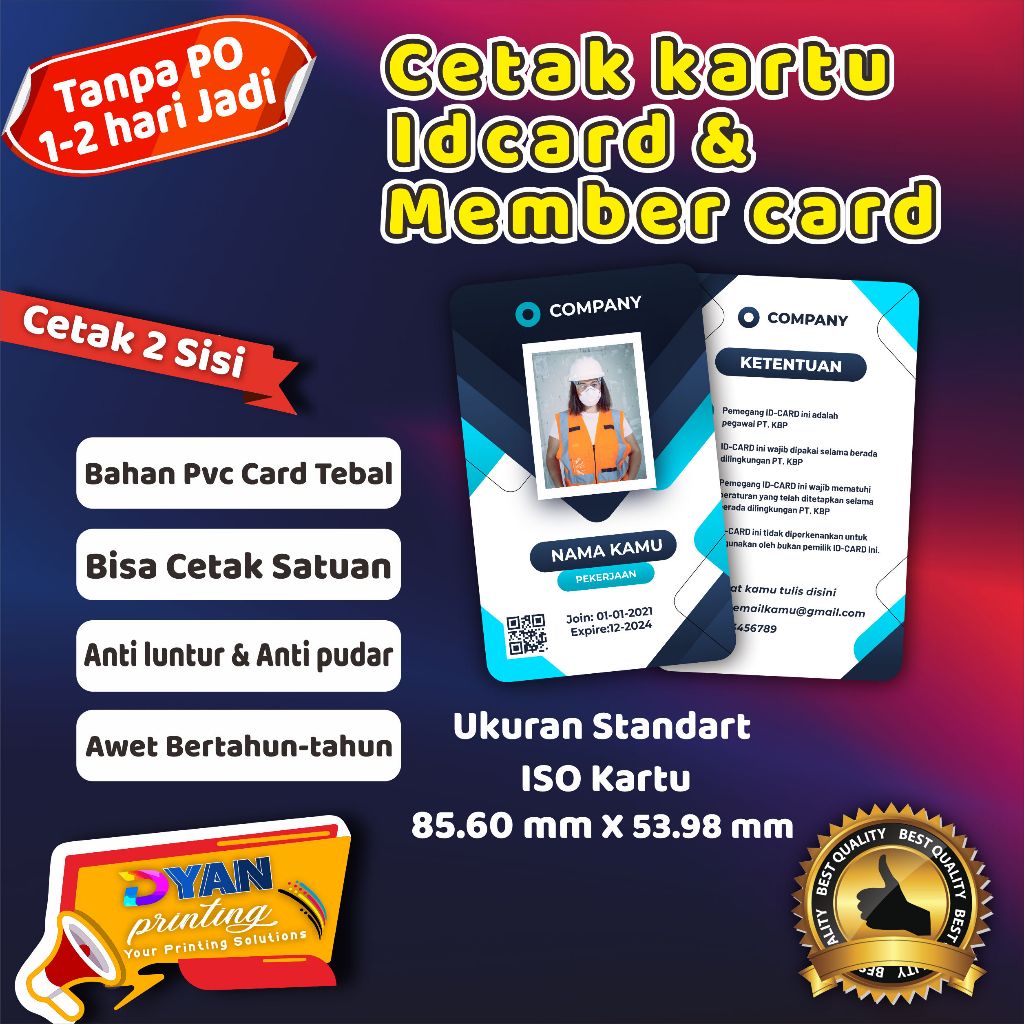 

CETAK KARTU ,ID CARD,NAME TAG, MEMBER CARD, BAHAN PVC CARD TEBAL ANTI LUNTUR & ANTI PUDAR.