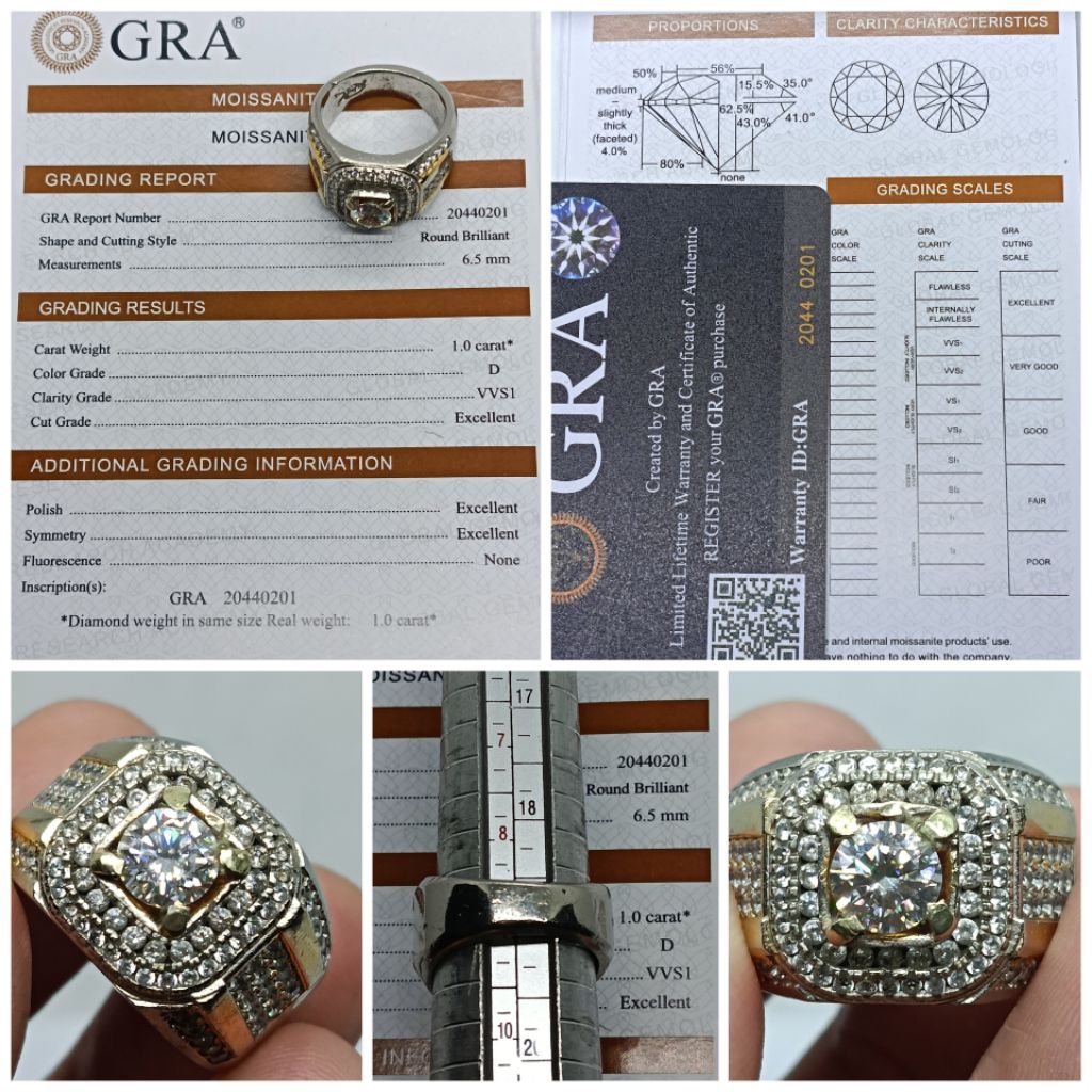 Permata Diamond Moissanite Color D Round 1 ct Sertifikat/Memo GRA Ring Mewah