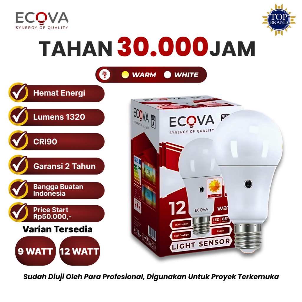 Ecova - Lampu LED Sensor Otomatis Mati Family Pack Beli 3 Gratis 1 | 9W | 12W | 6500K & Kuning 4000K