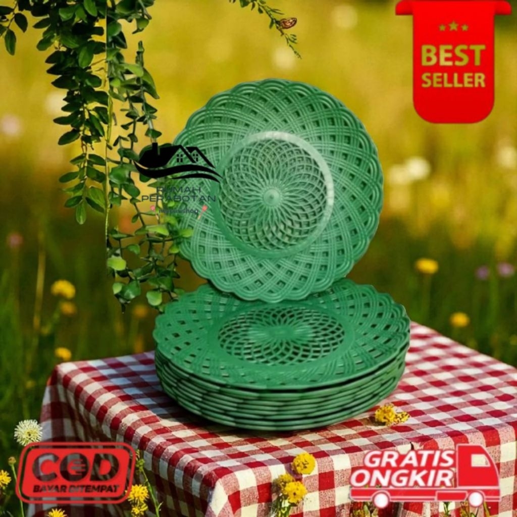 [RP] 1 lusin piring plastik rotan hijau