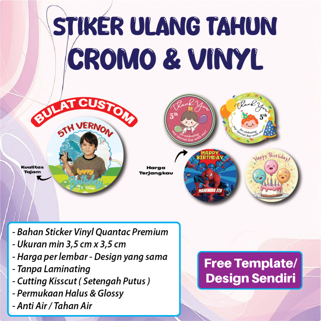 

Cetak Stiker Cromo Vinyl Bulat Ulang Tahun Print Sticker Jualan Makanan Lingkaran Custom A3+