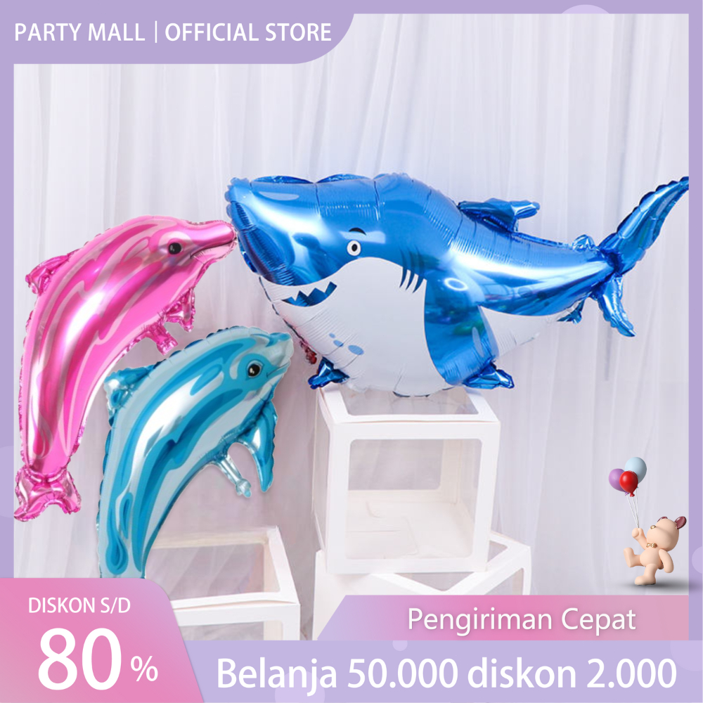 Balon Foil Jumbo Sea Animal Dolphin Blue Pink Ikan Lumba Lumba / Foil Shark Dark Blue / Balon Foil B