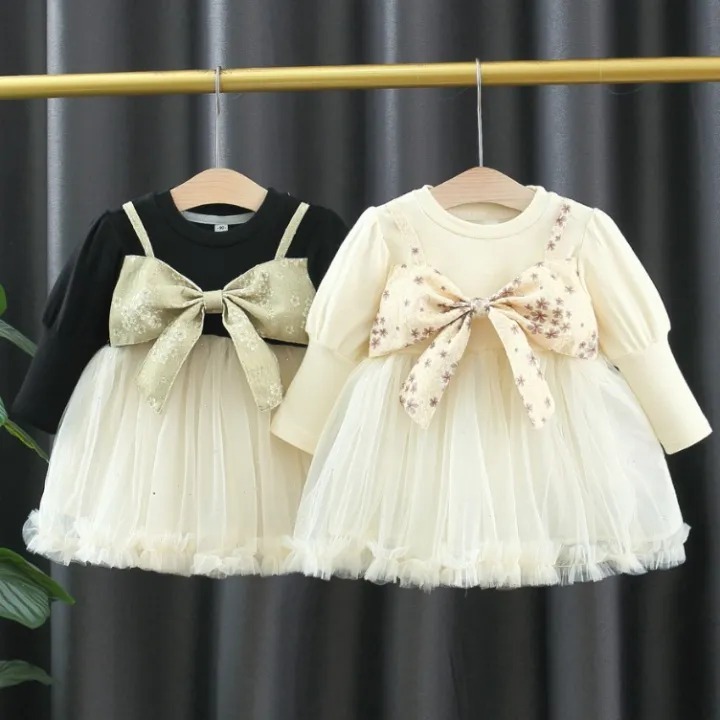 Dress Tutu Anak Perempuan Usia 1-4 Tahun | Baju Dress Lengan Panjang Model Kembung Kombinasi Outer R