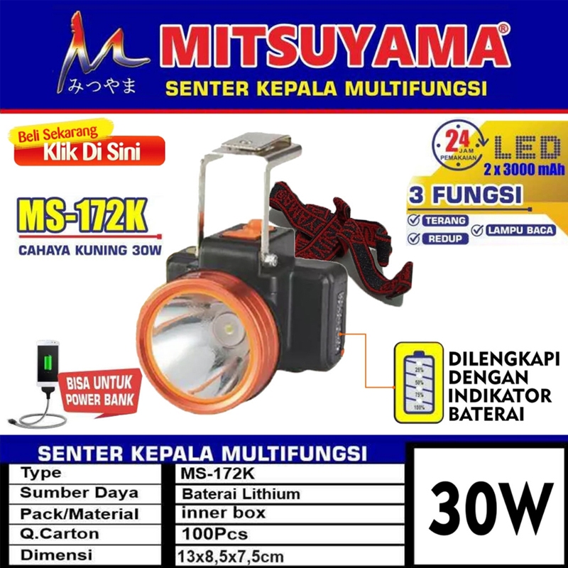 Senter Kepala Headlamp Mitsuyama MS-172K Lampu Senter Emergency Cahaya Kuning 30 Watt