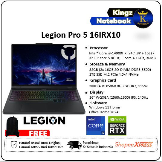 Lenovo Legion Pro 5i RTX5060 Core i9 14900HX 32GB 2TB Win11+Office 2024 16" WQXGA IPS 240hz