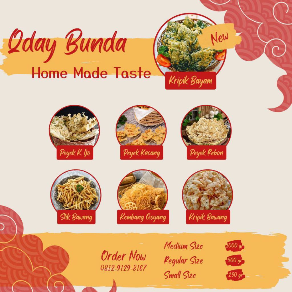 

ANEKA REMPEYEK HOME MADE QDAY BUNDA PONDOK BAMBU - PEYEK KACANG IJO, PEYEK KACANG TANAH, PEYEK UDANG REBON, PEYEK BAYAM, KERIPIK BAYEM, KRIPIK BAWANG, STIK BAWANG, KEMBANG GOYANG 250GR, 500GR, 1000GR, 1KG