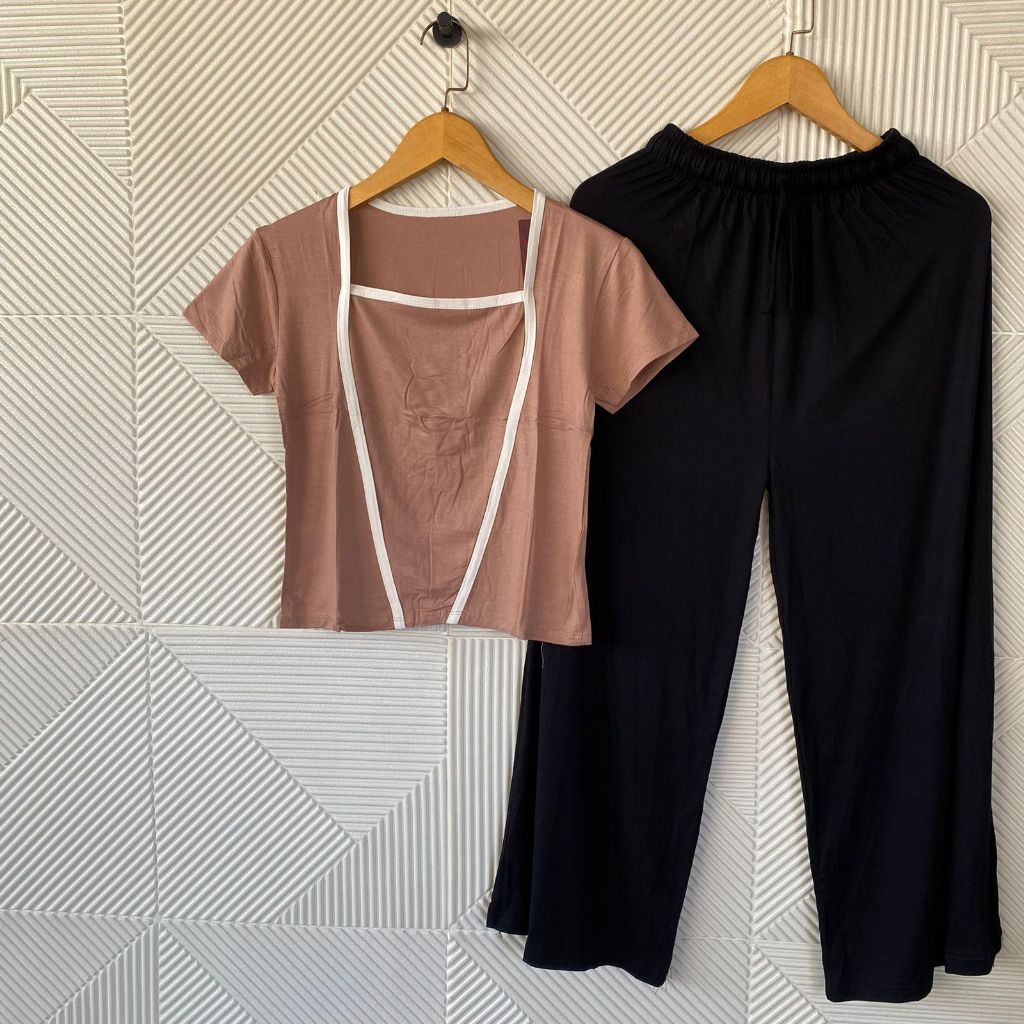 Syafiqa - Setelan Celana Panjang Wanita Premium / One Set Crop Top Kerah Kerah Kotak Kode 2000
