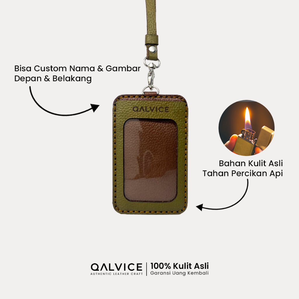 

QALVICE- ID Card Lanyard Name Tag 4 Lapis Bulat Kulit Sapi Asli - Gratis Custom Desain Nama & Gambar