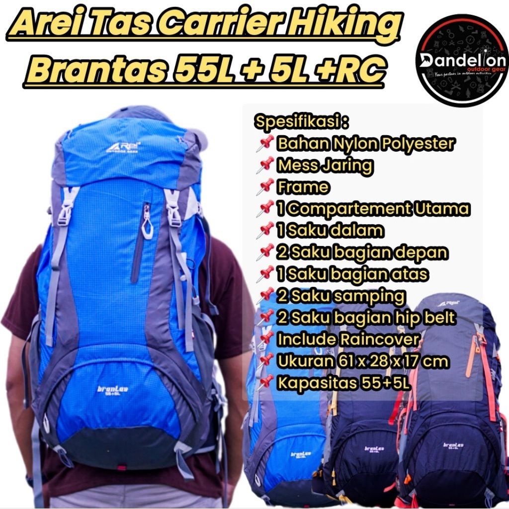 Arei Tas Carrier Hiking Brantas 55L + 5L Include Raincover