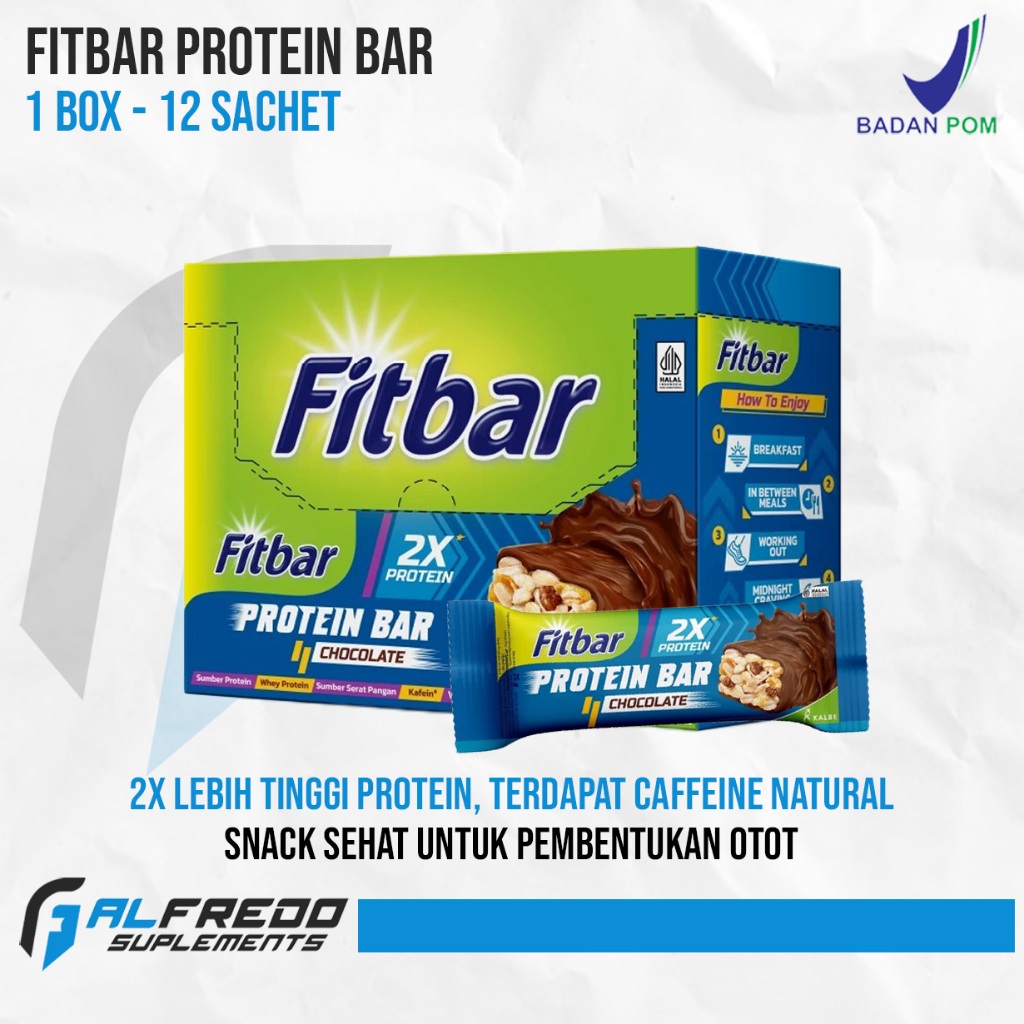 

FITBAR Protein Bar 1 Box Isi 12 Pcs (@25gram) Double Protein Snack Cemilan Sehat