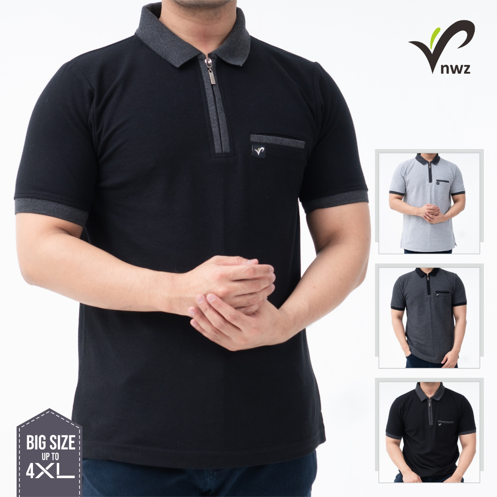 Kaos Polo Kerah Wangki Pria Zipper Saku – Big Size Cotton | Baju Jumbo Resleting Warna Hitam Abu