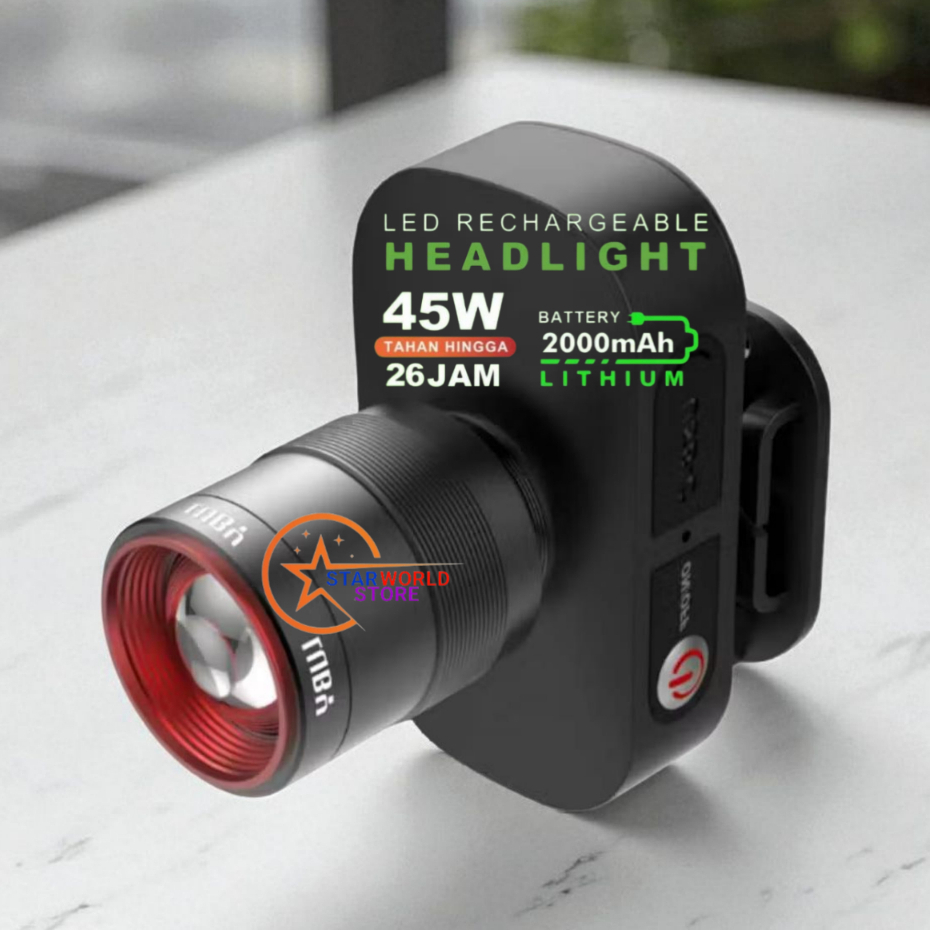 LUBY Senter Kepala ZOOM L-2910L PRO Laser LED 45 Watt Cahaya Maksimal Plus RechargePro 3 Mode Cahaya