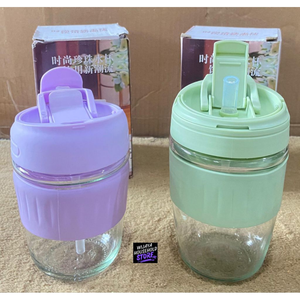 Gelas Tumbler Kaca Anti Tumpah / Tumbler Kaca / Gelas Coffe / Tumbler Kaca + Sedotan