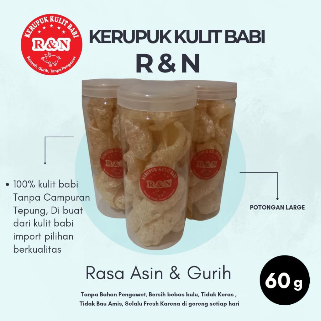 

KERUPUK KULIT BABI R&N IMPORT PREMIUM TOPLES ISI 60 GRAM,CU JIU CHA,RAMBAK,CRISPY PORK SKIN