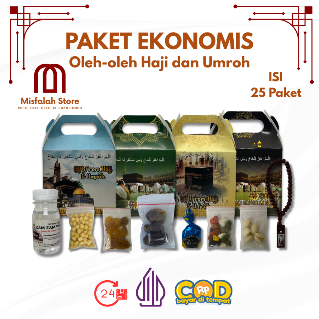 

Paket 25pcs Ekonomis Tasbih Oleh-oleh Haji dan Umroh isi Air Zamzam / Dus Tenteng