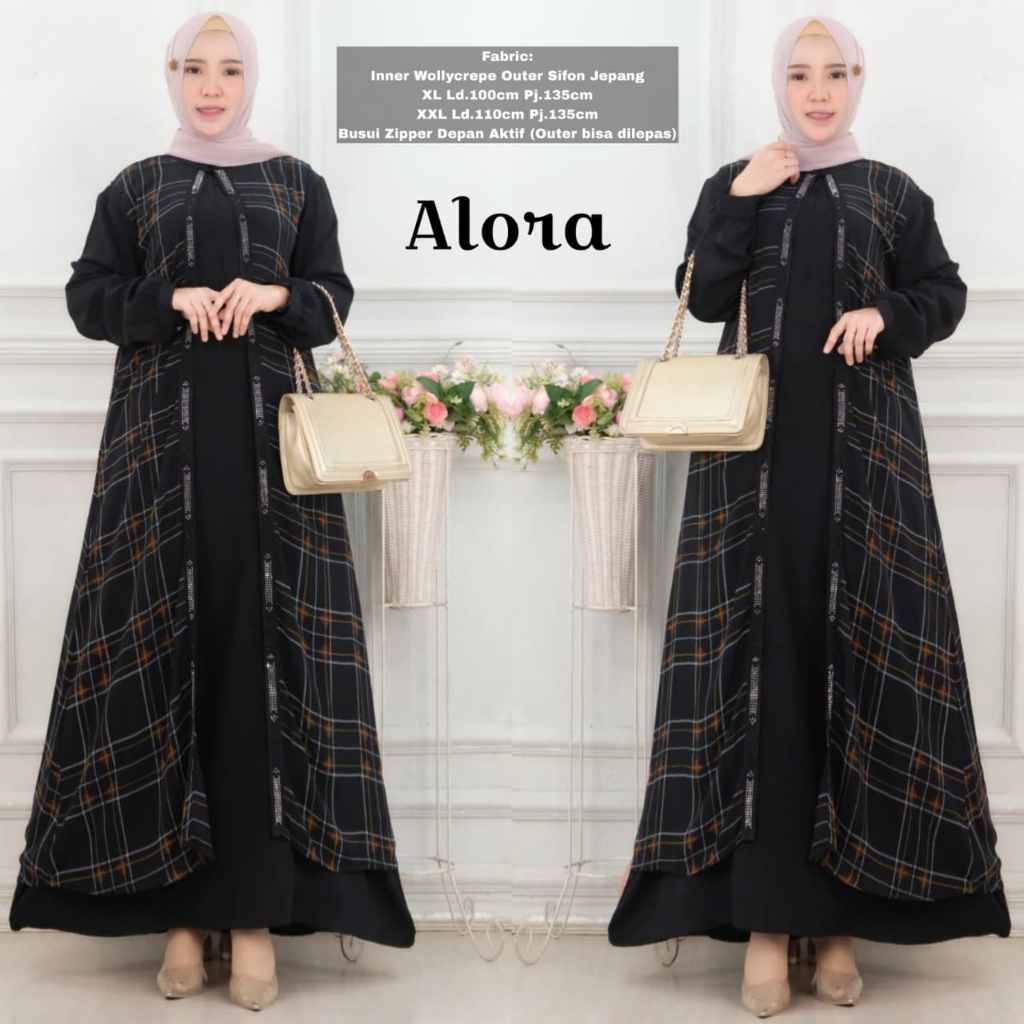 Alora Set Inner & Outer Wanita Muslimah Dress Polos + Outer Panjang Sifon Jepang Motif Kotak Elegan