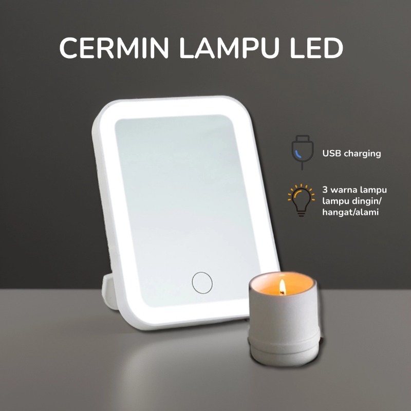 Cermin LED / Cermin Lampu LED / Cermin Make up Meja Dengan Lampu LED Tombol Touch Screen Charge USB