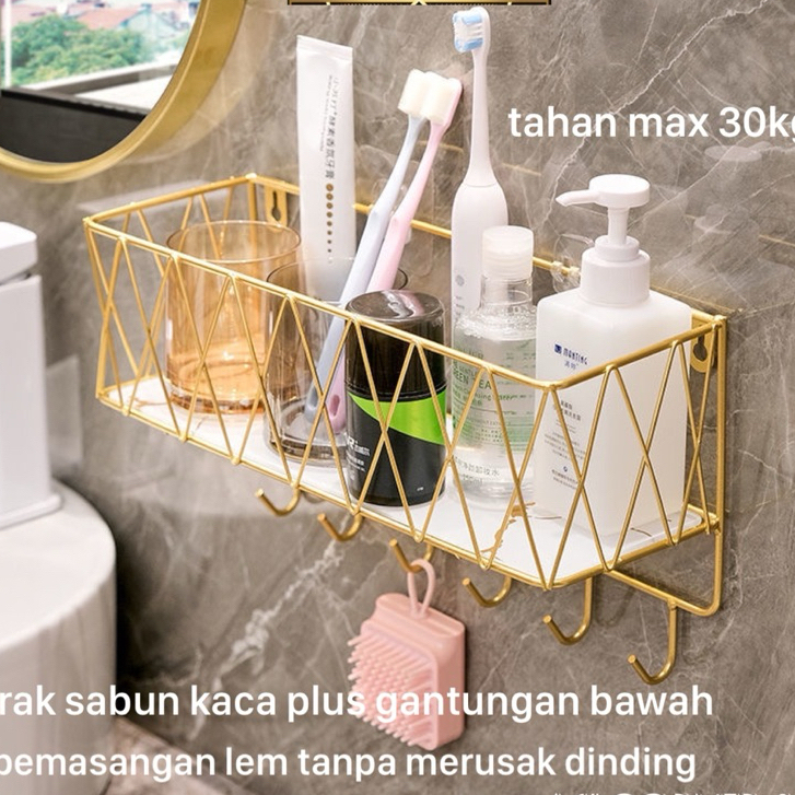 Rak Kamar Mandi SS304 Gold Alas Kaca Marble Putih Hitam / Rak Sabun Tembok Gold