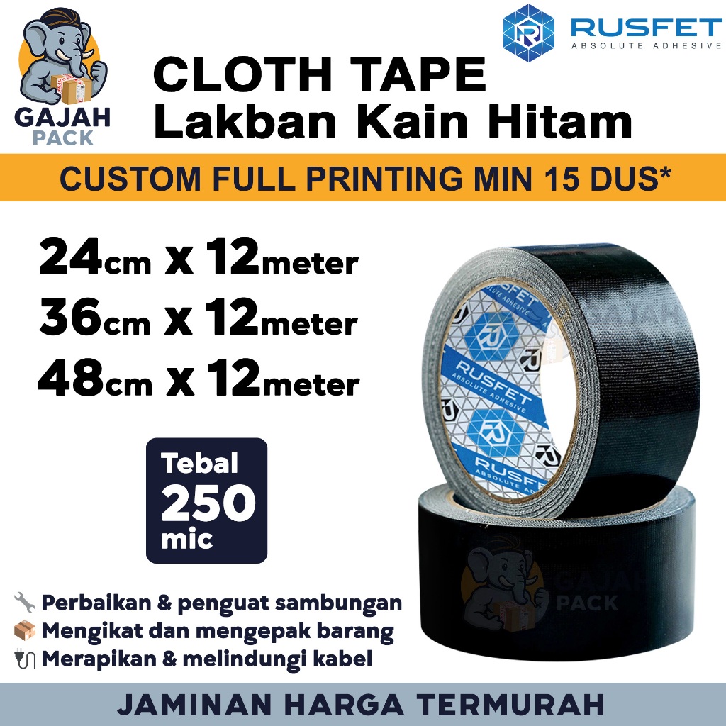 LAKBAN KAIN Cloth Tape Isolasi Kain Hitam Premium Rusfet Premium / SATUAN