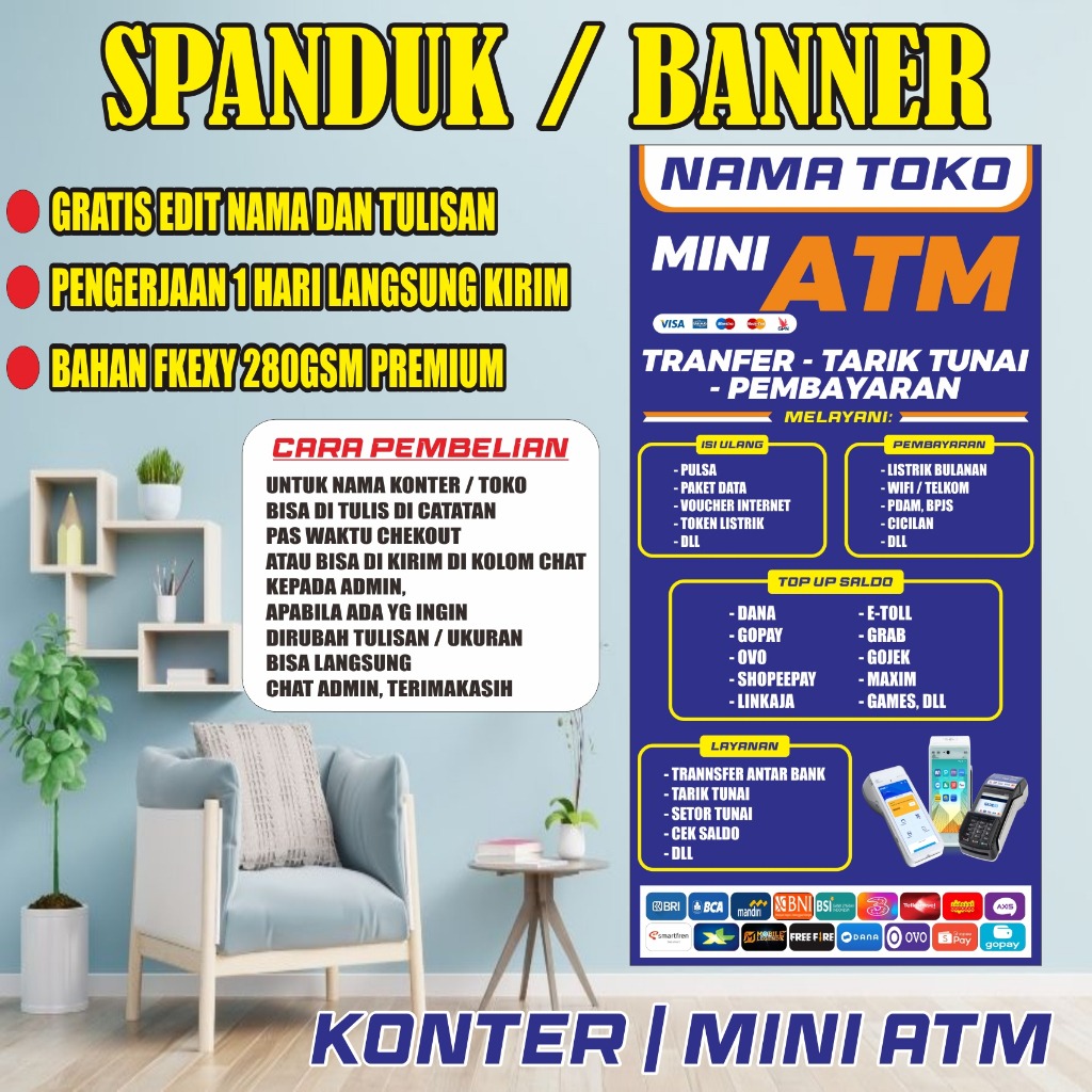BANNER-SPANDUK KONTER PULSA/mini ATM BENTUK BERDIRI