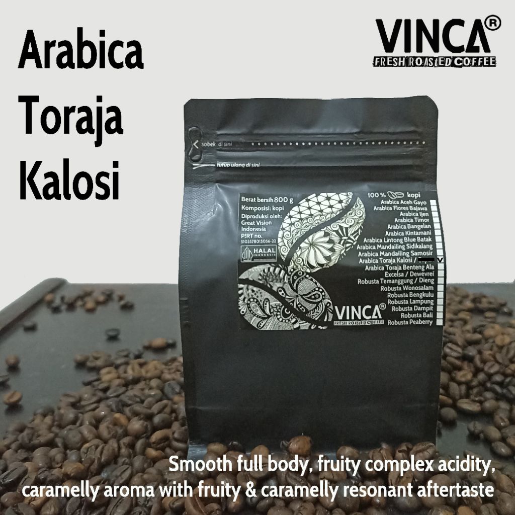 

Vinca kopi Arabica Toraja Kalosi 780-820 gram (level roast sesuai pesanan)