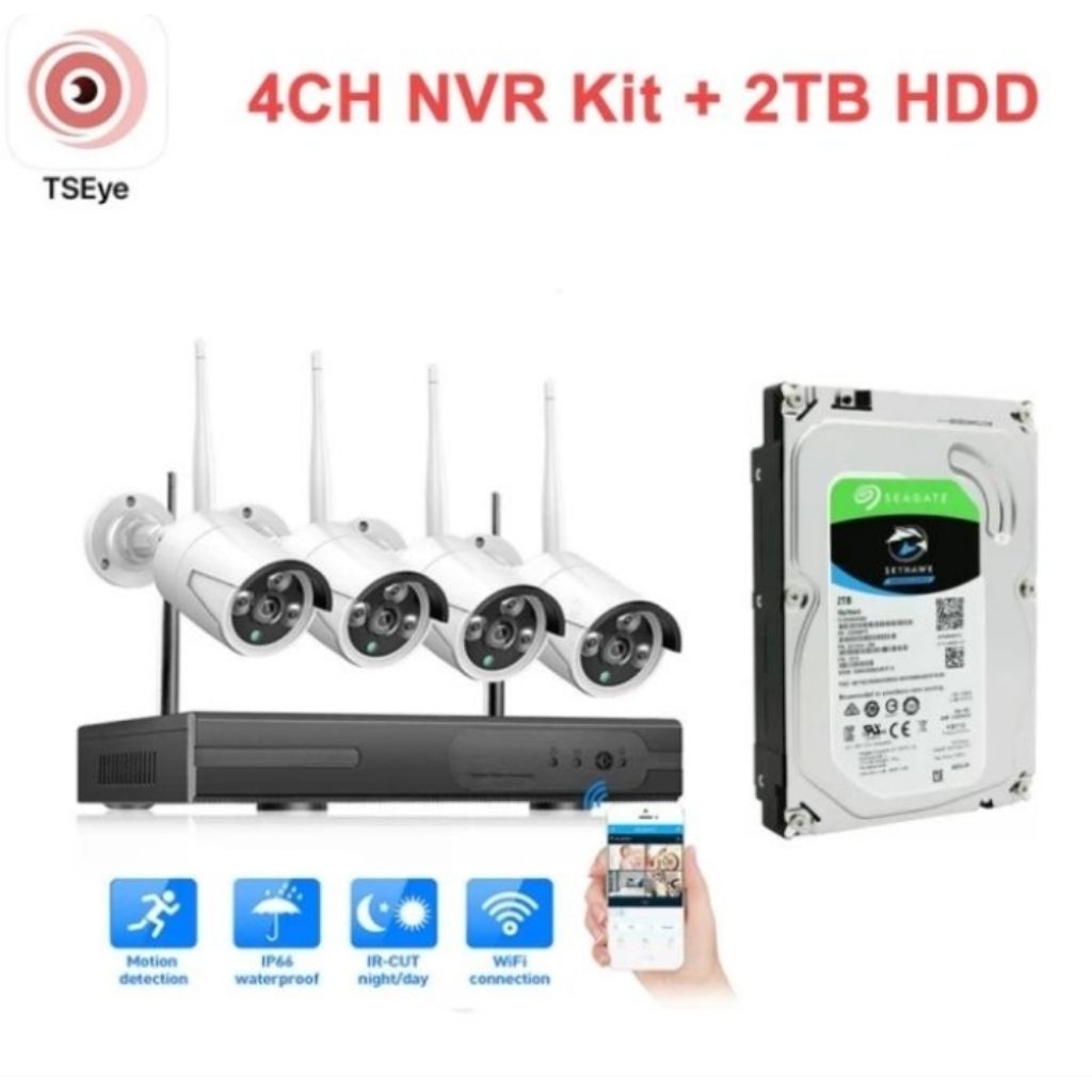 PAKET CCTV NVR KIT WIRELESS 4CH OUTDOOR 8MP+HDD 2TB CAMERA CCTV WIRELESS OUTDOOR NIGHTVISION FULL HD