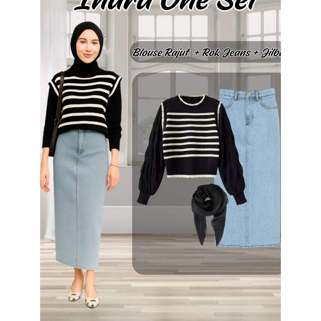 Inara One Set Cantik Wanita 3 in 1 ( Blouse Rajut + Rok Span Jeans + Hijab ) OOTD Korean Style - CC2