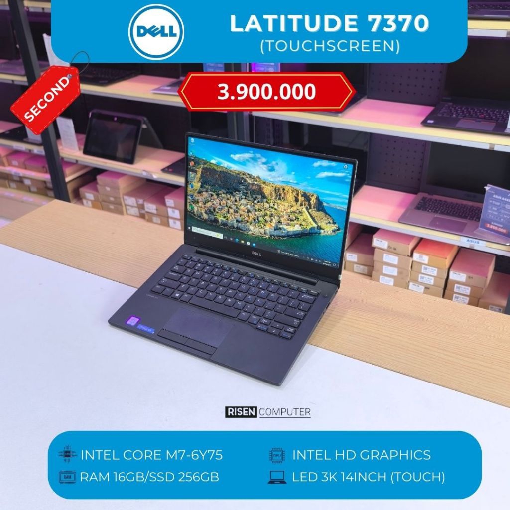 DELL LATITUDE 7370 TOUCHSCREEN Intel Core M7-6Y75 3K 14inch RAM 16GB SSD 256GB Notebook Second Bekas