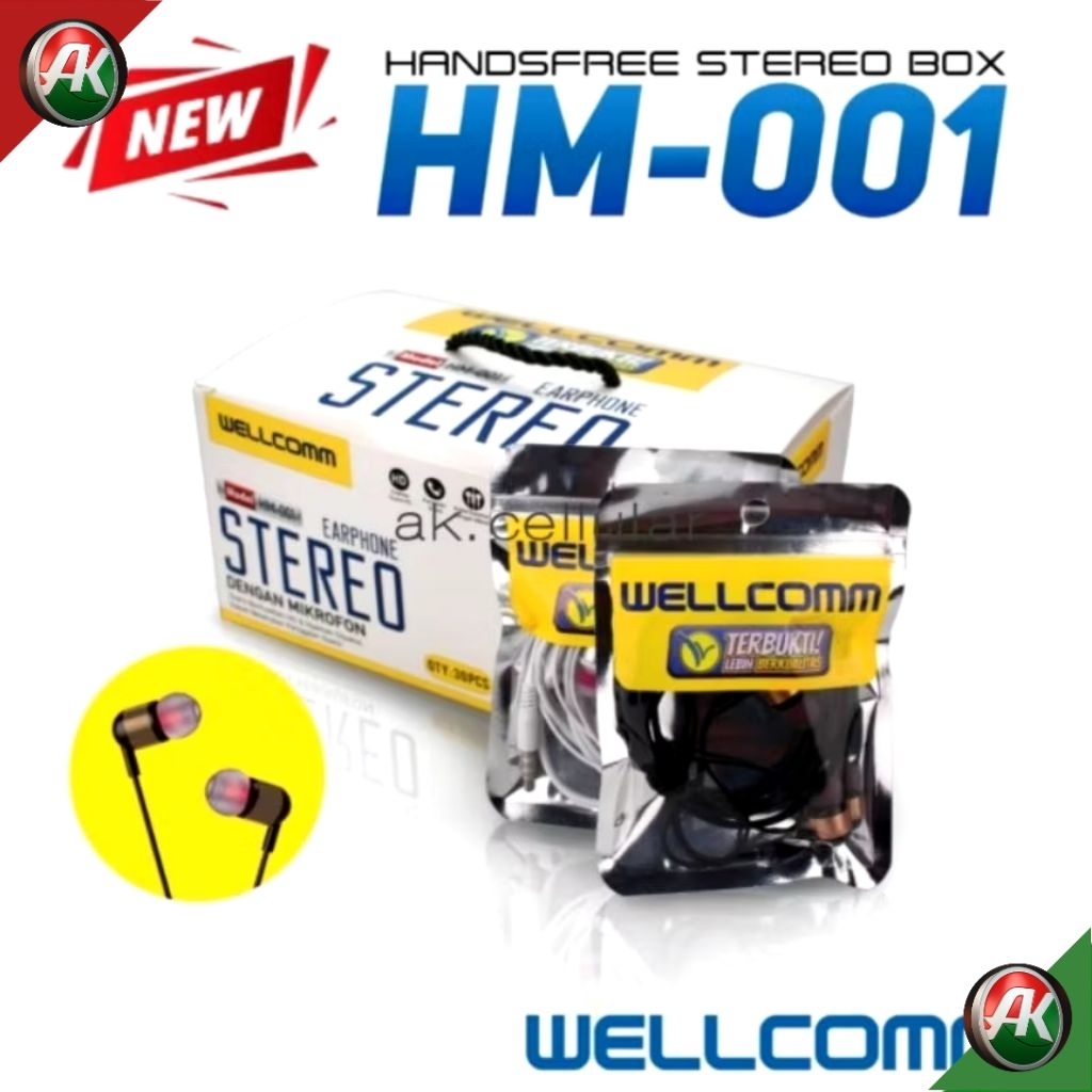 Headset Handsfree Earphone Wellcomm HM-001 Android Iphone Hedset Bass Original 100% Sound HD Hetset 