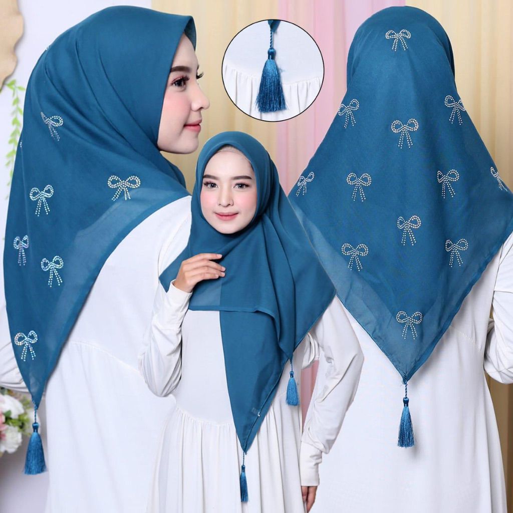 hijab segi empat paris pita payet tassel/kerudung segi empat paris jambul