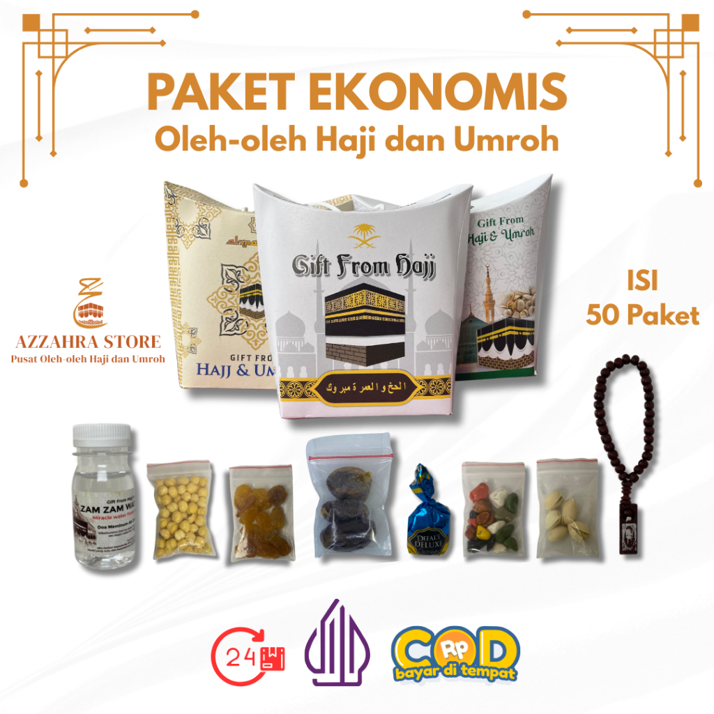 

Paket 50Pcs Ekonomis Oleh-oleh Haji dan Umroh Isi Air Zamzam Dus Tali