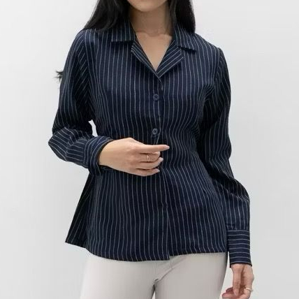 Kemeja Wanita Garis Garis Kekinian Terbaru Slim Fit Kemeja Kerja Hitam Cewek Korean Lengan Panjang