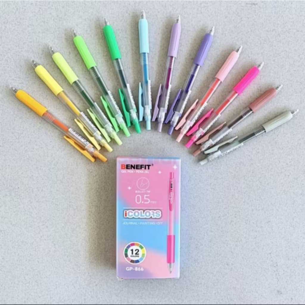 Gel Pen // pulpen Gell 0,5mm Benefit ICOLOR Clip GP-86612 WARNA ( 1Pack isis 12 )