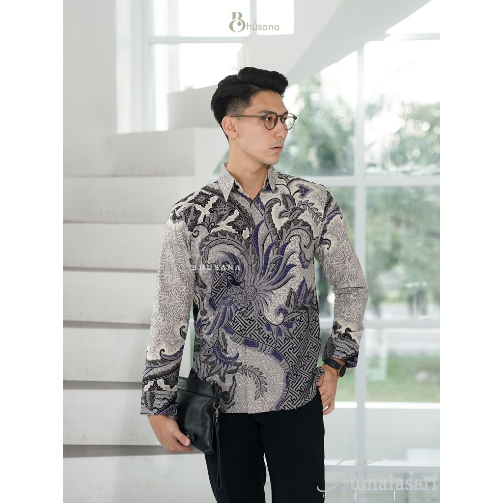 Bhusana Batik Motif Kumalasari Hem Kemeja Batik Pria Katun Premium Abu Silver | Batik Kondangan | Ba