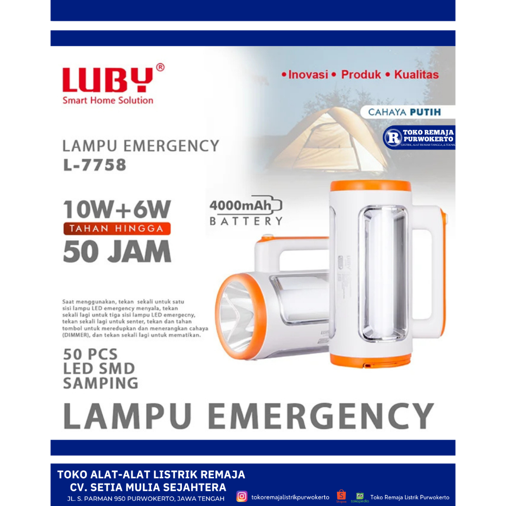 Lampu Senter Emergency 10 W + 6 W Tahan 50 Jam Luby 7758