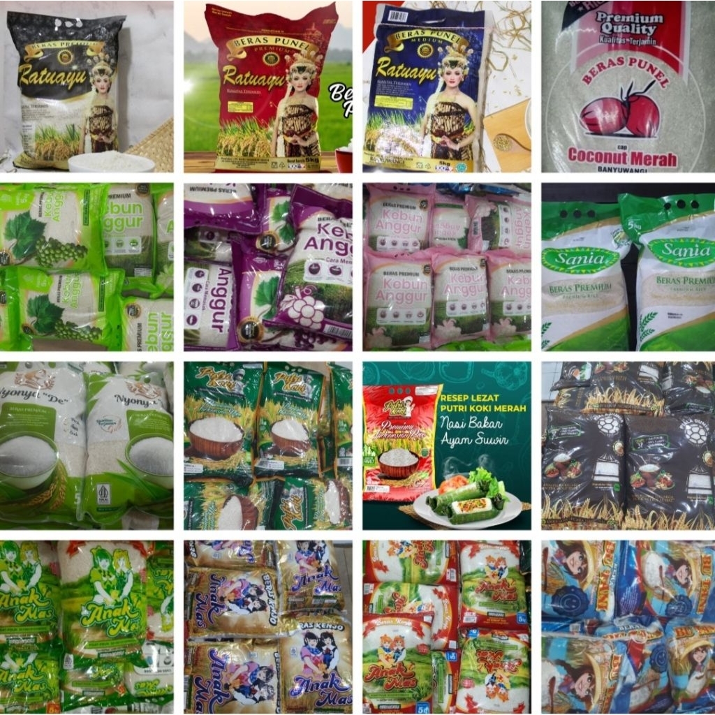 

Aneka Beras 5 kg I Ratu Ayu - Kelapa Merah - Kebun Anggur - Sania - Nyonya De - Putri Koki - Piala Dunia - Anak Mas - Bu Tani