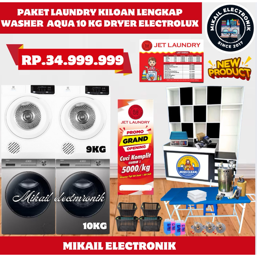 PAKET LAUNDRY PEMULA KILOAN MESIN CUCI AQUA 10KG DRYER EROPA LENGKAP